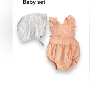 cat & Jack baby bonnet & 1 piece ruffled shortall​​​​​